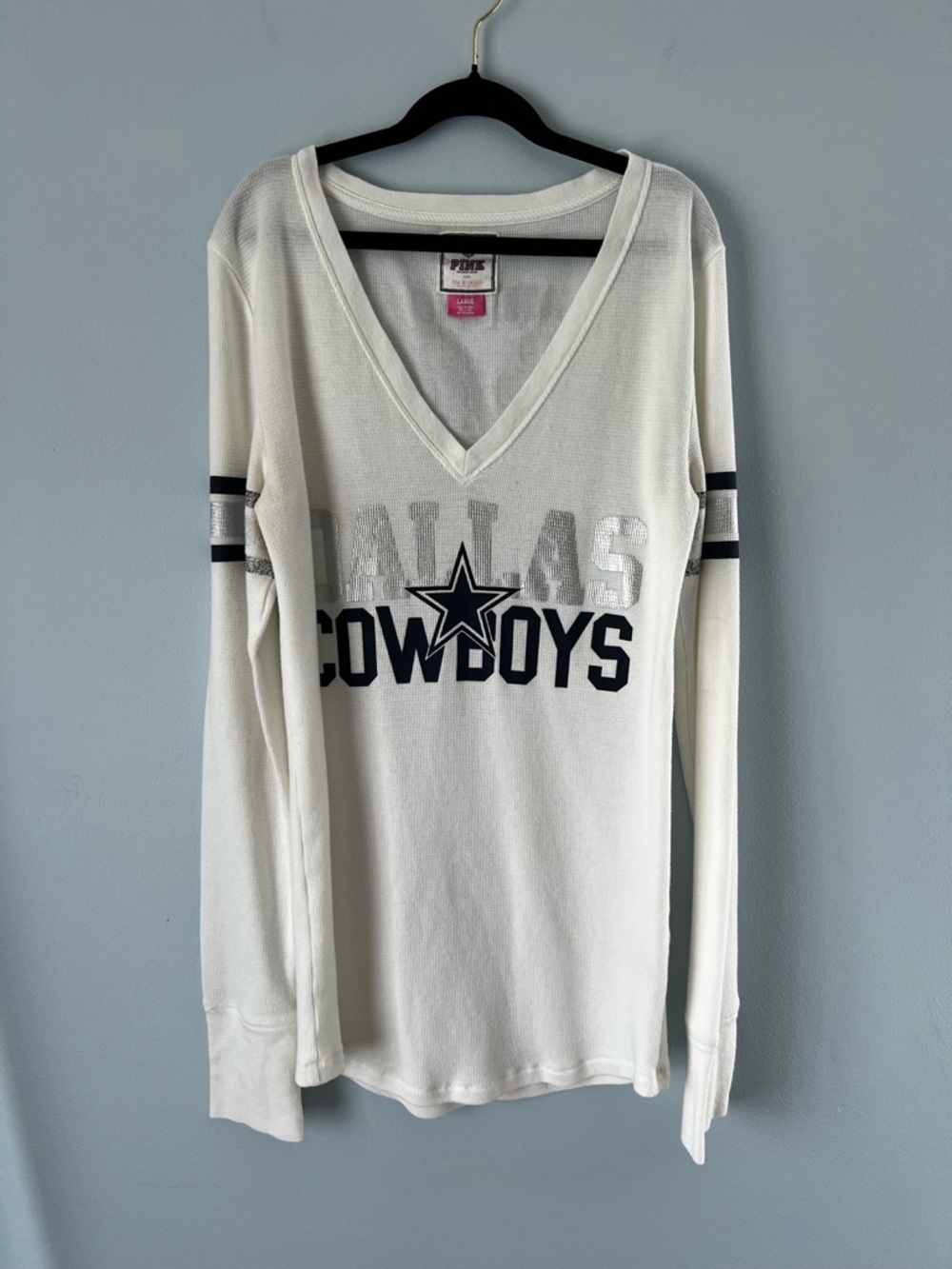 Dallas Cowboys White V-Neck Long Sleeve, Large